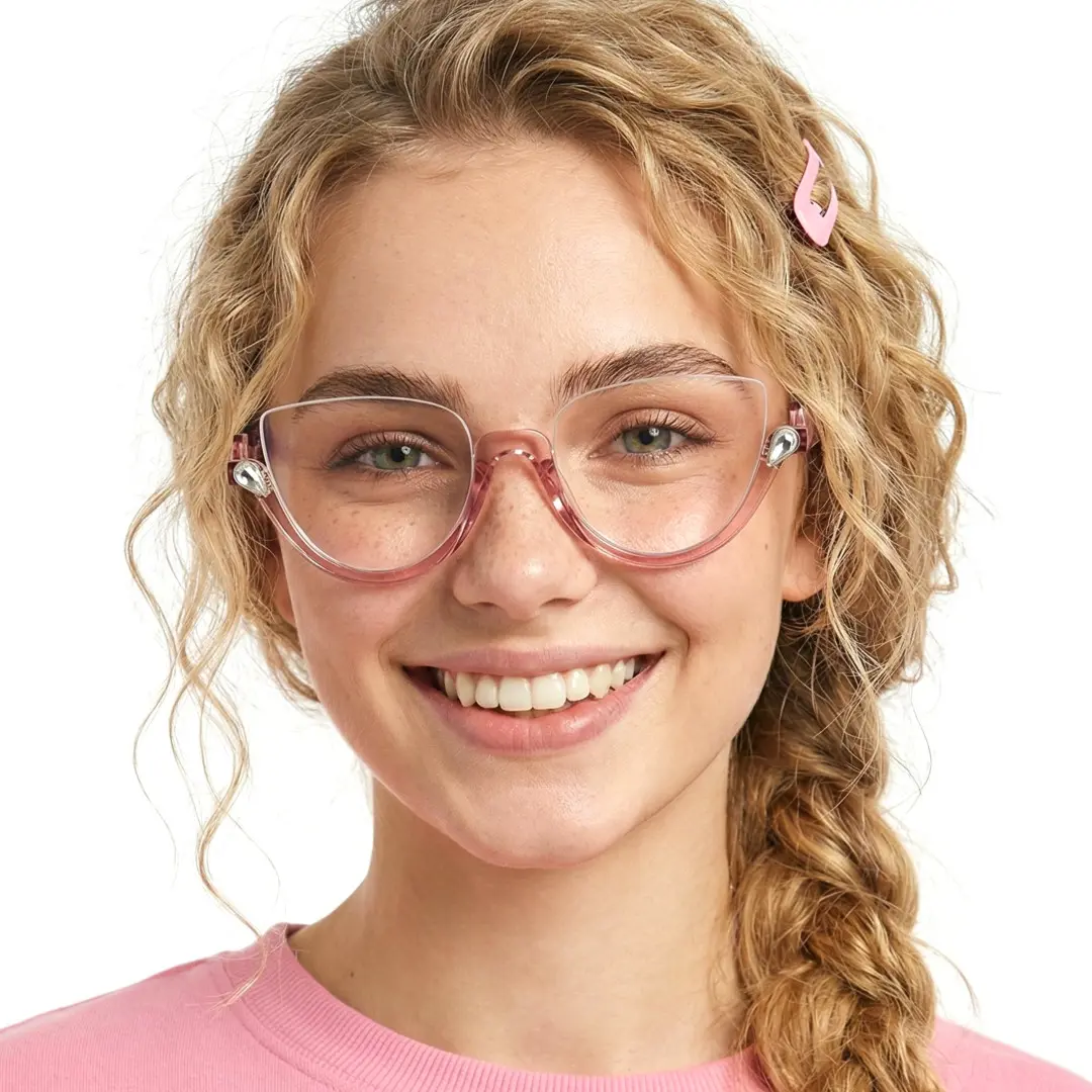 Front view of female wearing pink cat eye eyeglasses, friendly smile, CP0032211