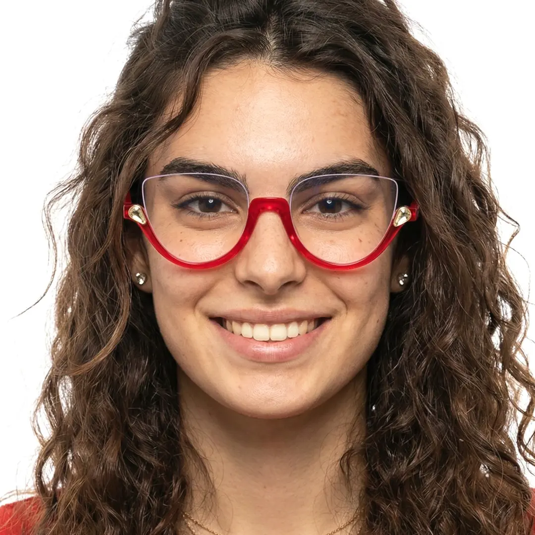 Front view of female wearing colorful red cat eye eyeglasses, friendly smile, CP0032211