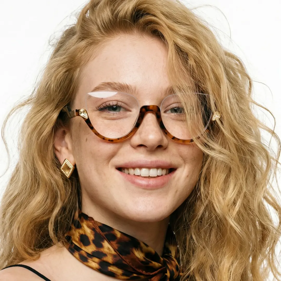 Face close-up view of female wearing colorful tortoise cat eye eyeglasses, friendly smile, CP0032211