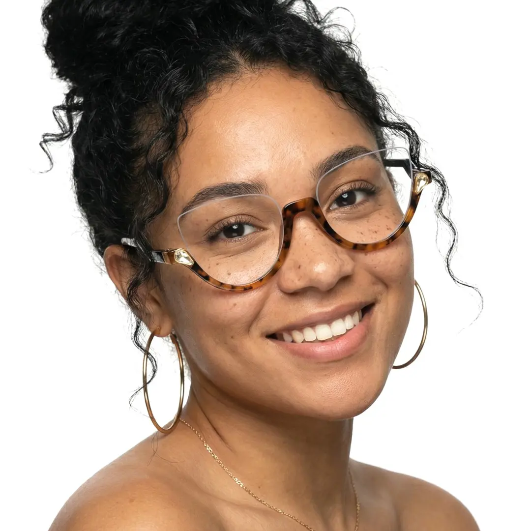 Profile view of female wearing colorful tortoise cat eye eyeglasses, soft smile, CP0032211