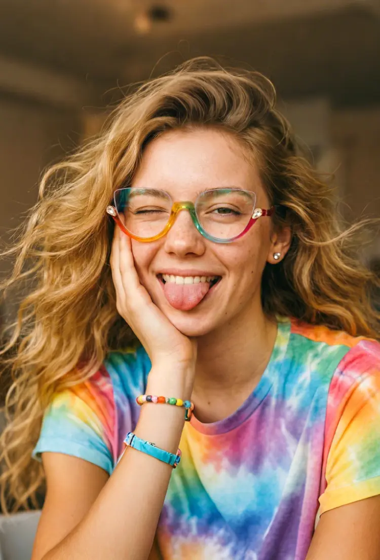 Female model wearing colorful multicolor cat eye pc eyeglasses in urban outdoor. SPU: CP0032211
