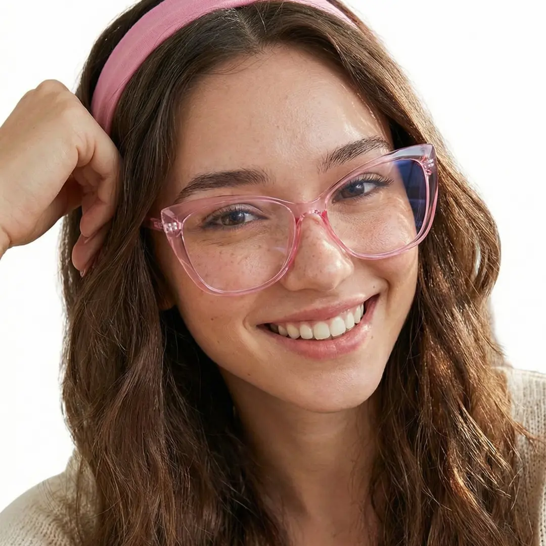 Front view of female wearing pink cat eye eyeglasses, hand against head, smiling, CP0062209