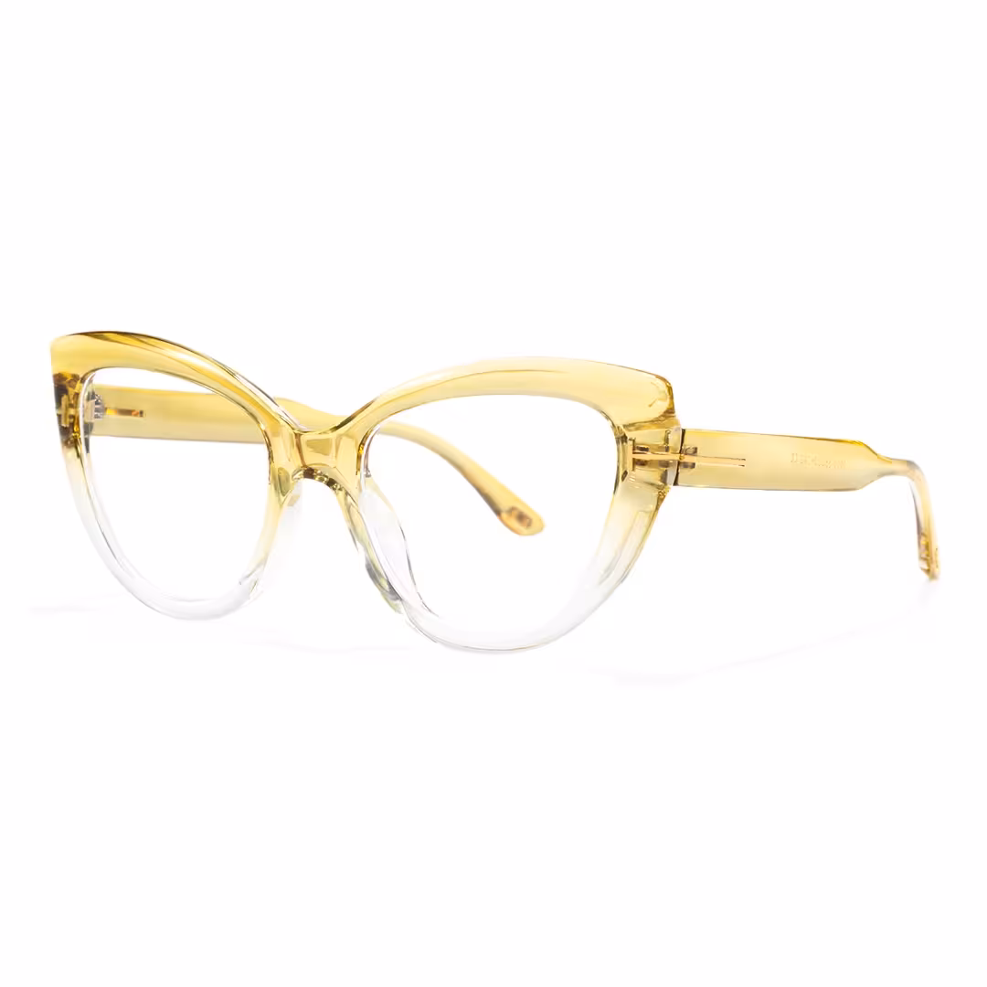 Angle view of Yoyo vintage cat eye pc eyeglasses in yellow. SPU: CP0072304