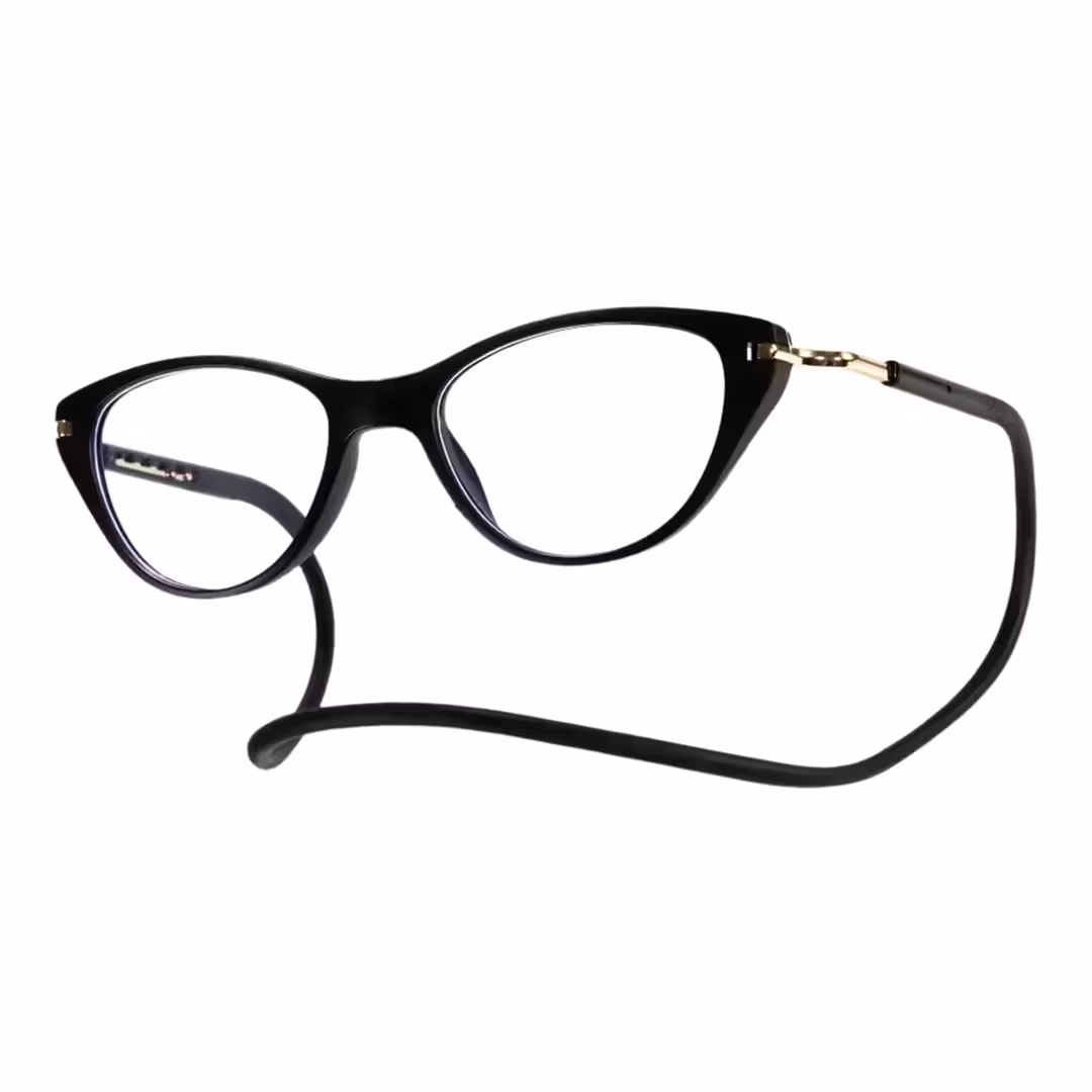 Angle view of Nexio cat eye pc magnetic clip-on eyeglasses in black. SPU: CP0072512