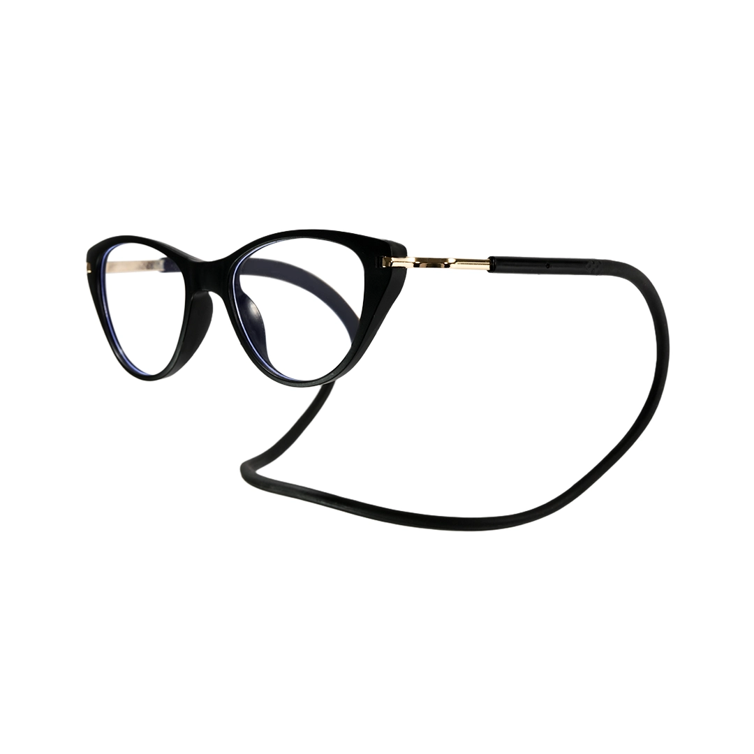 Angle view of Nexio cat eye pc magnetic clip-on eyeglasses CP0072512 in black