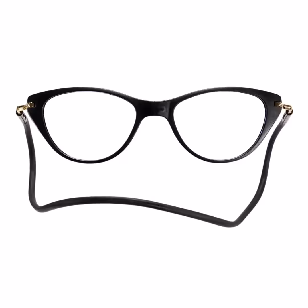 Front view of Nexio cat eye pc magnetic clip-on eyeglasses in black. SPU: CP0072512