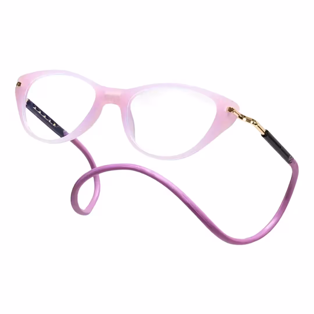 Angle view of Nexio cat eye pc magnetic clip-on eyeglasses in purple. SPU: CP0072512