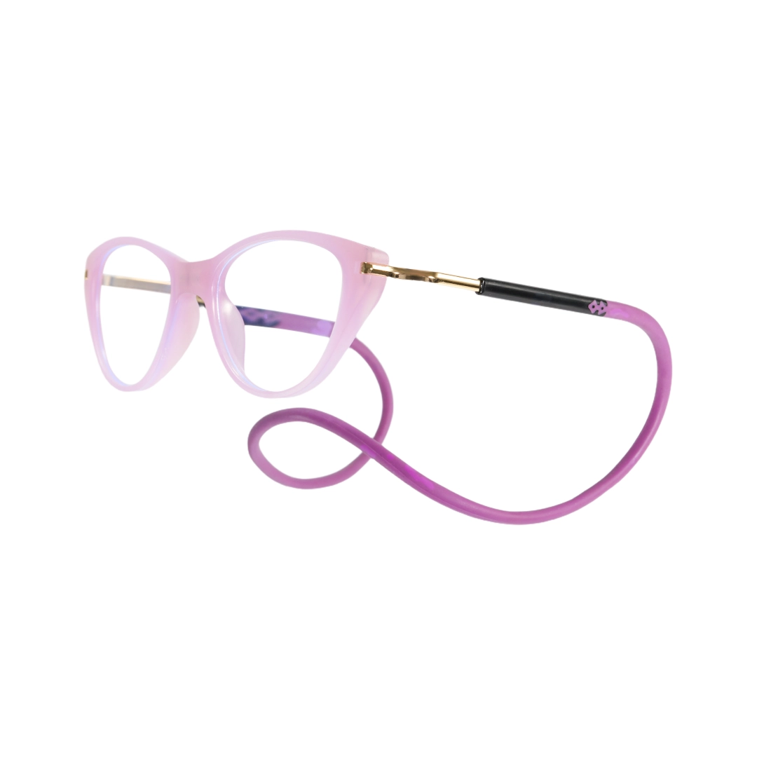 Angle view of Nexio cat eye pc magnetic clip-on eyeglasses CP0072512 in purple
