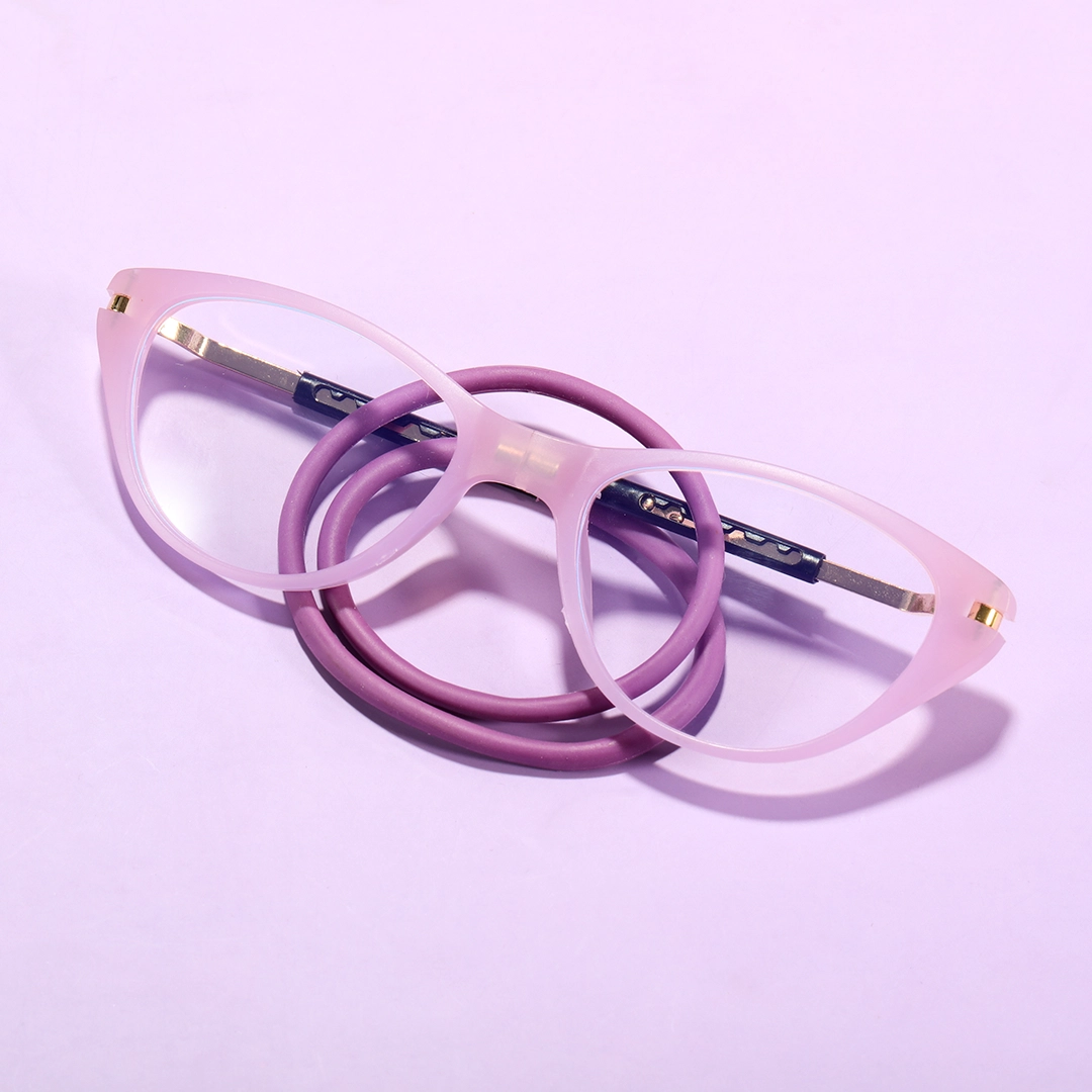 Front folded view of Nexio cat eye pc magnetic clip-on eyeglasses CP0072512 in purple