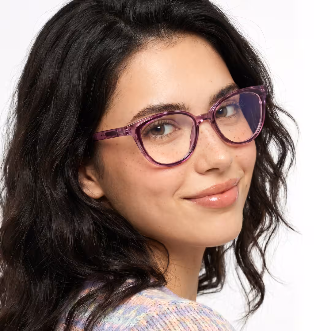 Female wearing purple cat eye pc eyeglasses, natural smile. SPU: CP0082605