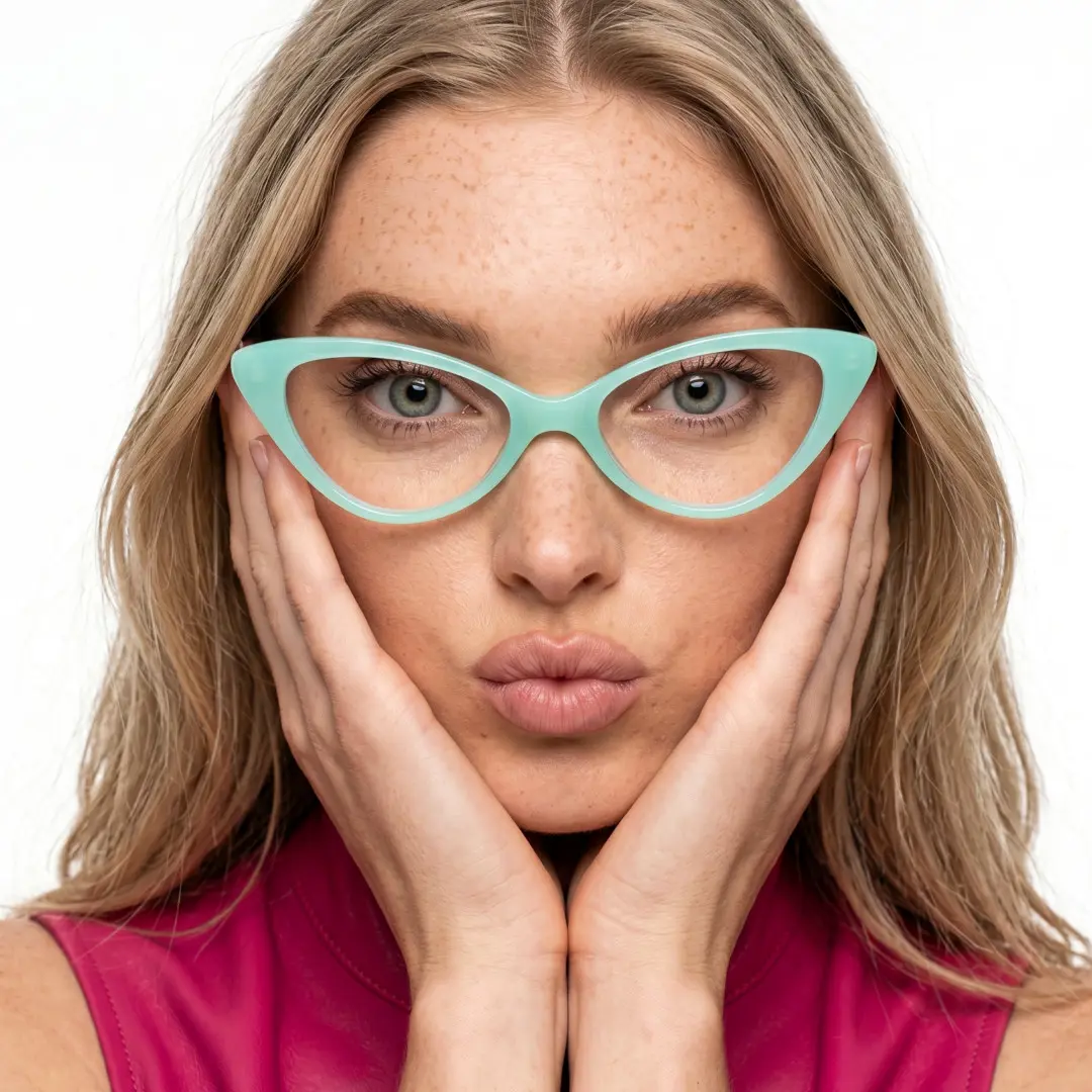 Front view of female wearing blue cat eye eyeglasses, pouting, neutral expression, CP0092404