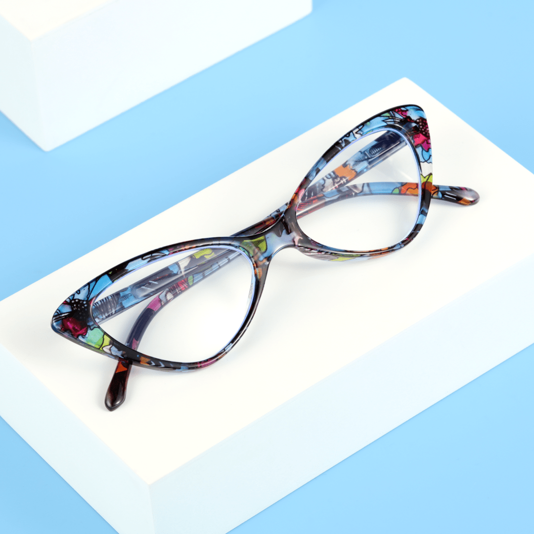 Scene view of Atticus vintage cat eye pc eyeglasses in blue tortoise. SPU: CP0092404