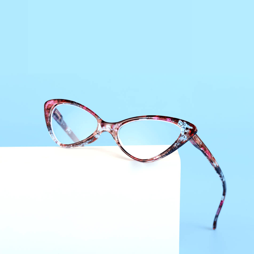 Scene close-up view of atticus cat eye pc eyeglasses CP0092404 in red tortoise