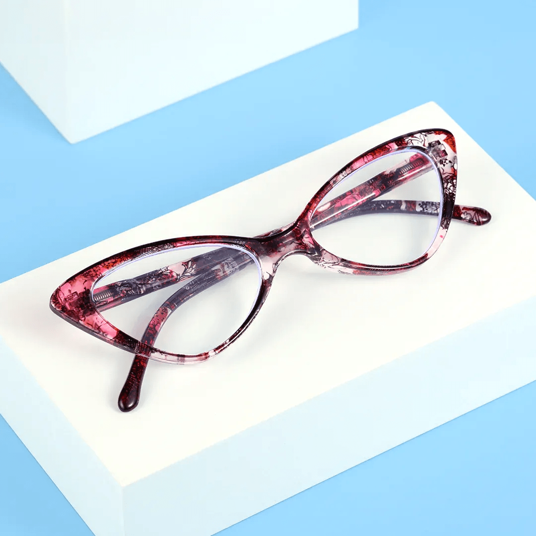 Scene view of atticus cat eye pc eyeglasses CP0092404 in red tortoise