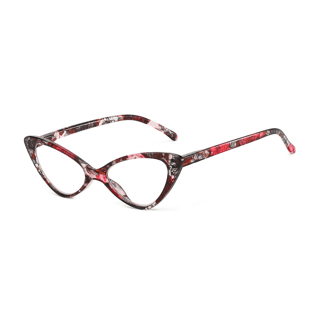 Angle view of Atticus vintage cat eye pc eyeglasses in red tortoise. SPU: CP0092404
