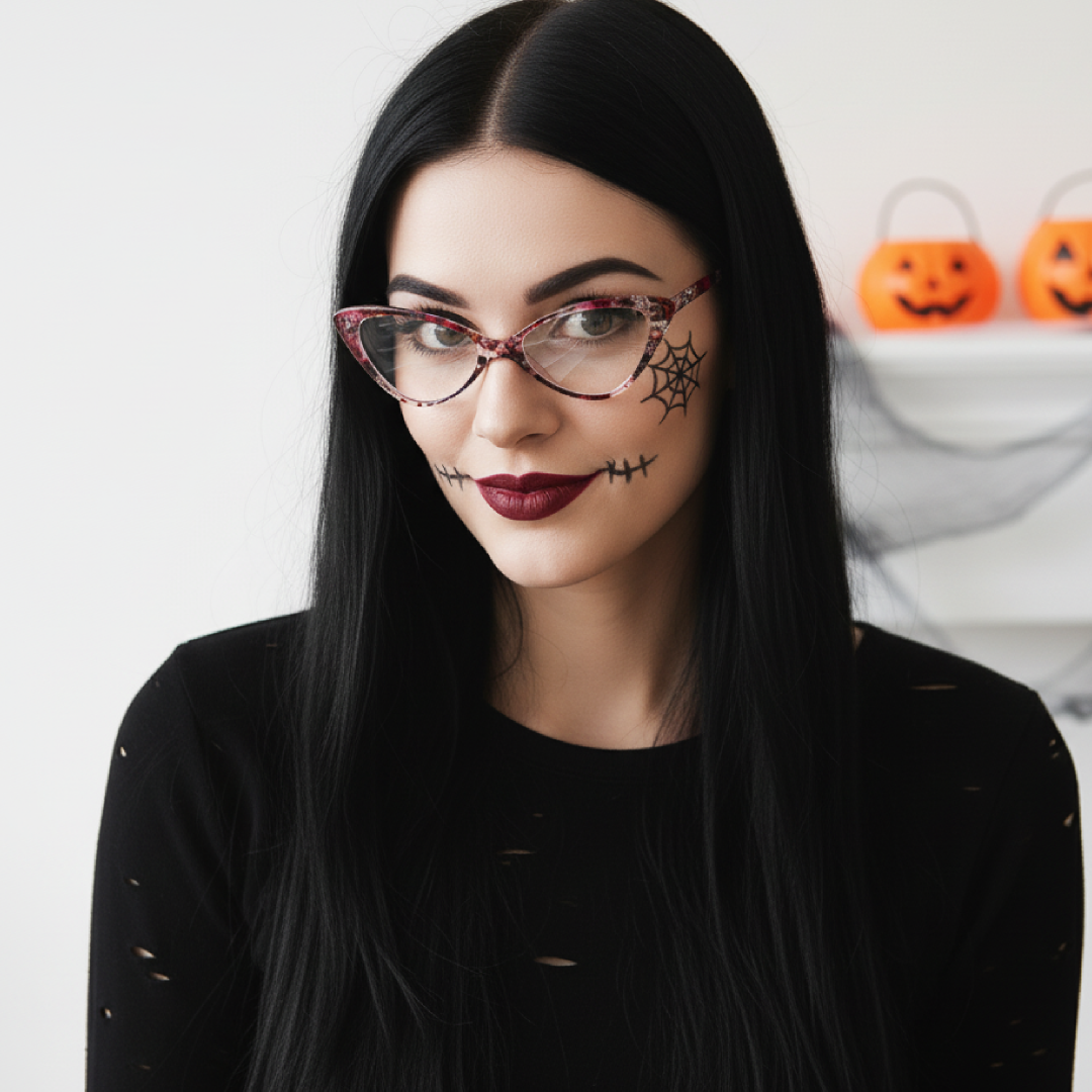 Female wearing vintage red tortoise cat eye pc eyeglasses, natural smile while touching frame. SPU: CP0092404