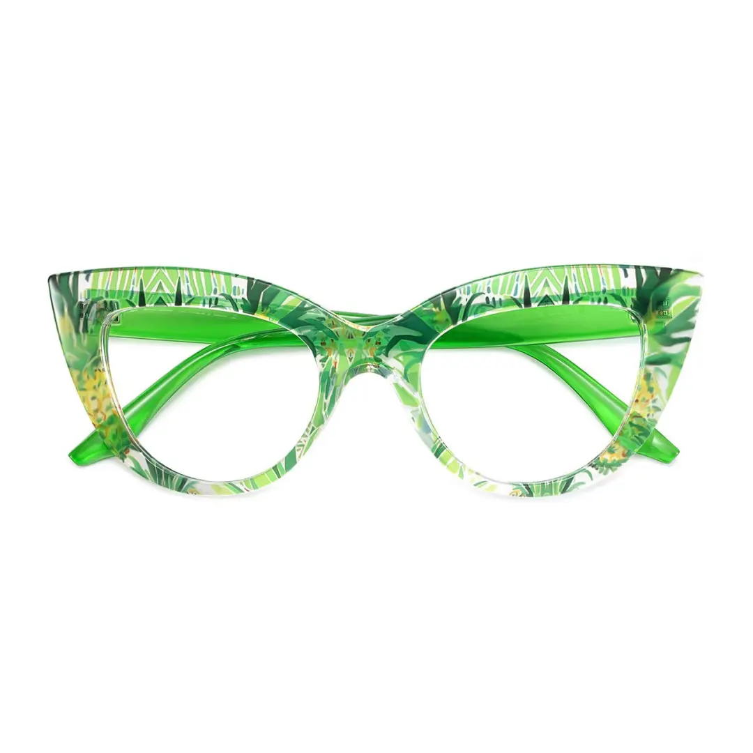 Front folded view of Doven colorful cat eye pc eyeglasses CP0102406 in green