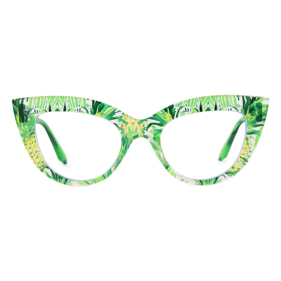 Front view of Doven colorful cat eye pc eyeglasses CP0102406 in green