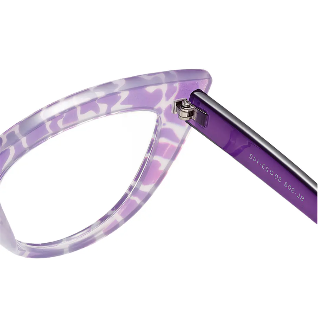 Hinge detail of Doven colorful cat eye pc eyeglasses CP0102406 in purple