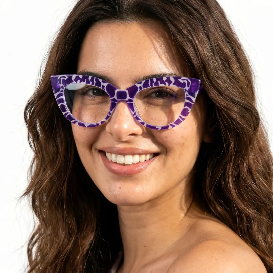 Front view of female wearing colorful purple cat eye eyeglasses, smiling, CP0102406