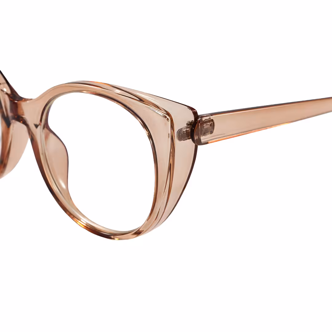 End piece detail of Lee cat eye pc eyeglasses in brown. SPU: CP0112306