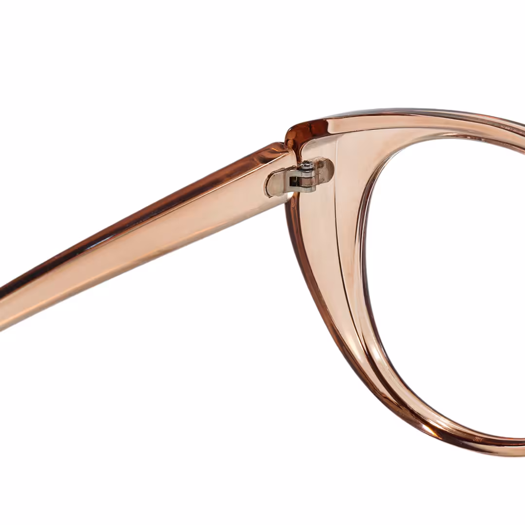 Hinge detail of Lee cat eye pc eyeglasses in brown. SPU: CP0112306