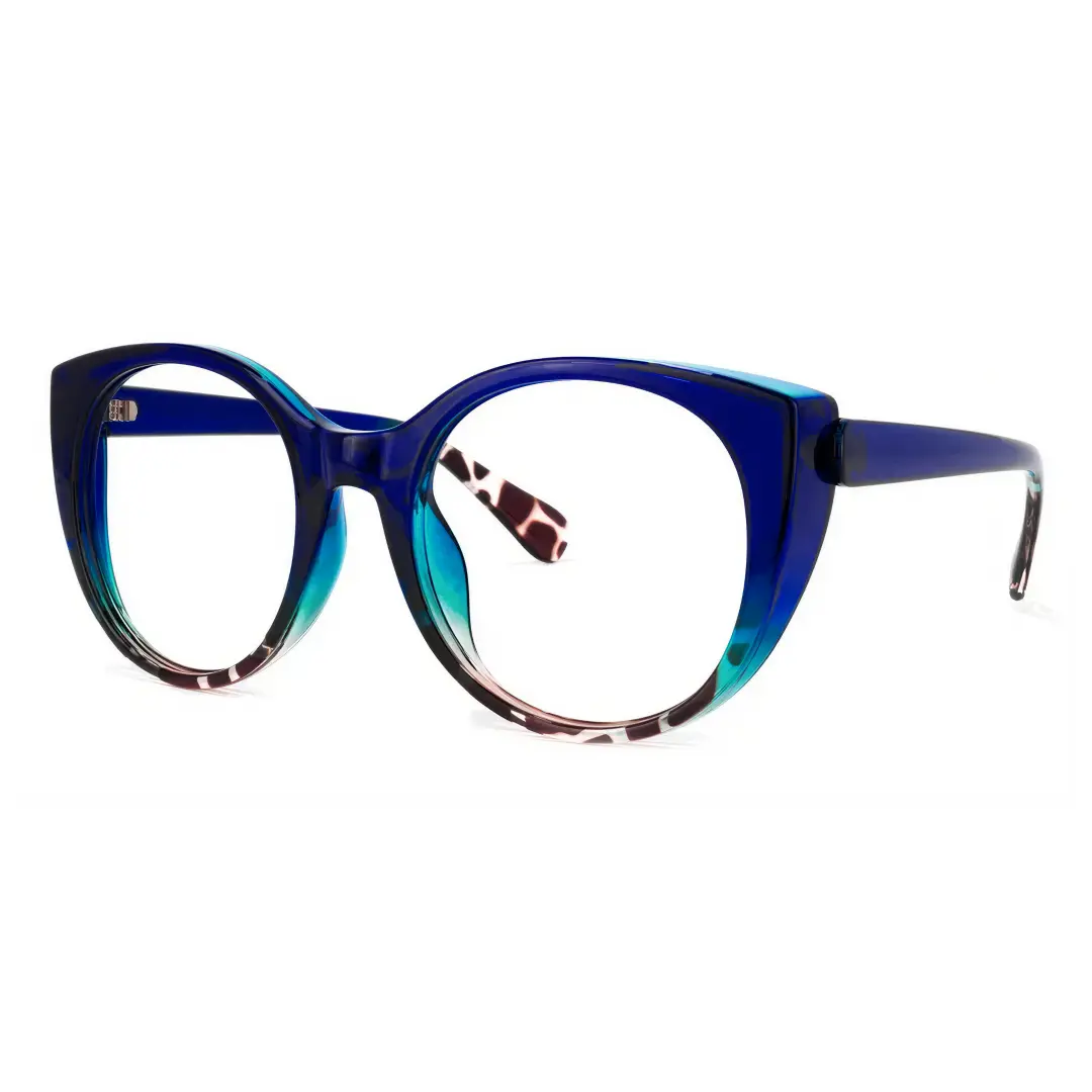 Angle view of Lee colorful cat eye pc eyeglasses in blue tortoise. SPU: CP0112306