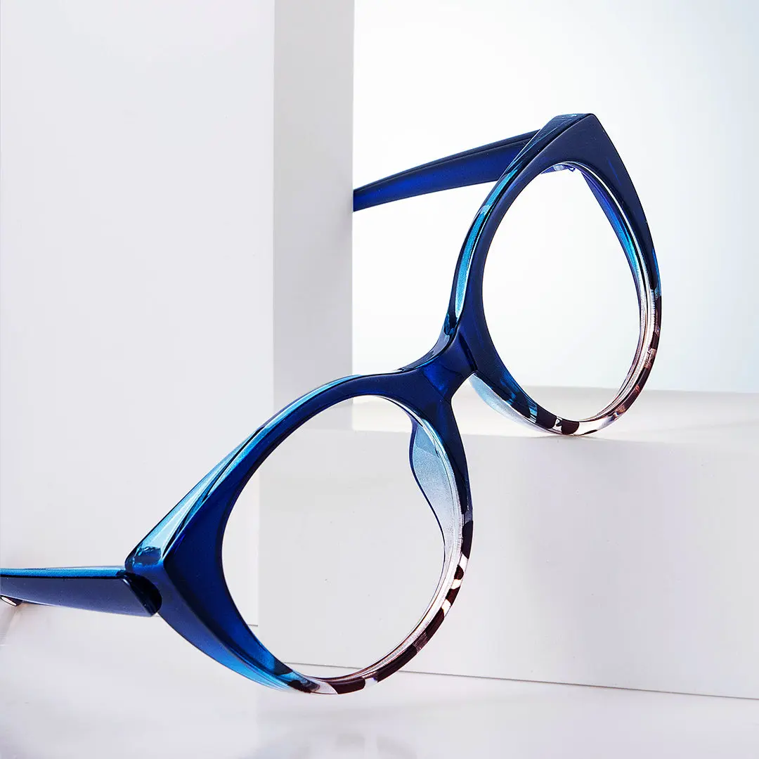 Scene view of Lee colorful cat eye pc eyeglasses CP0112306 in blue tortoise