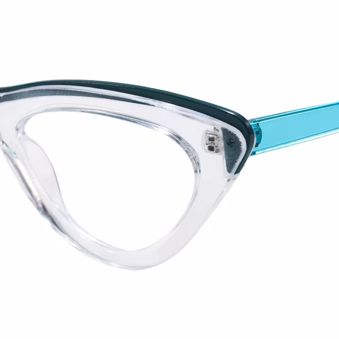 End piece detail of Miles cat eye pc eyeglasses in clear multicolor. SPU: CP0162308