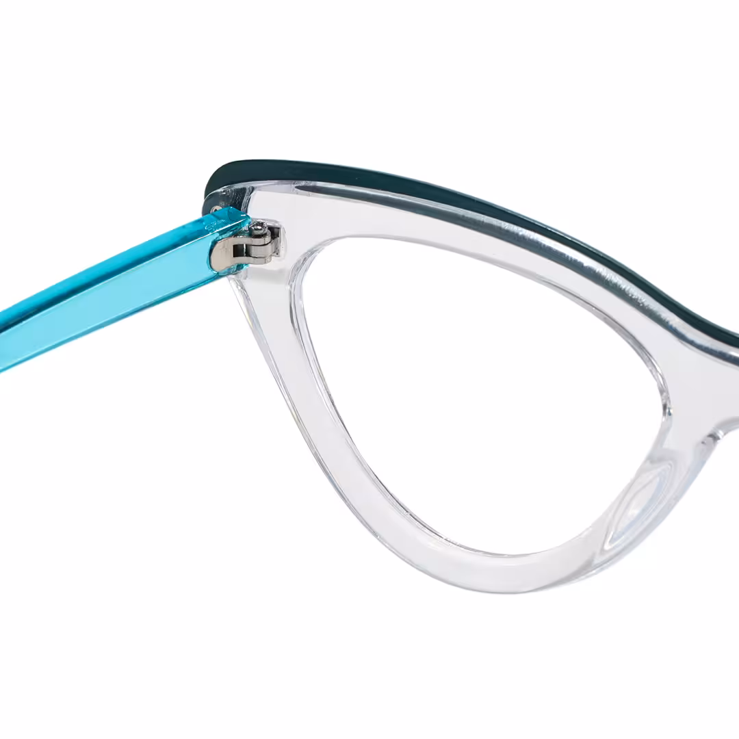 Hinge detail of Miles cat eye pc eyeglasses in clear multicolor. SPU: CP0162308
