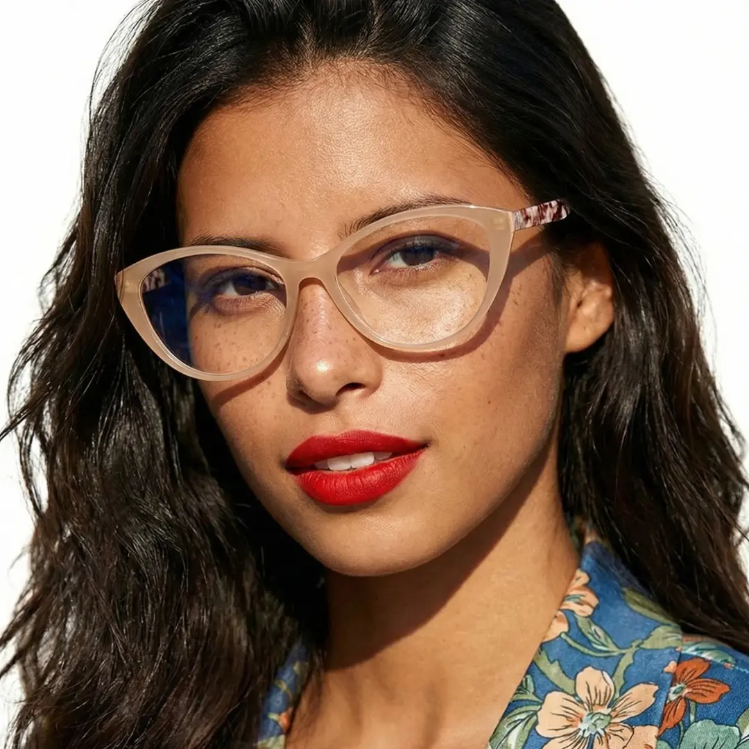 Three-quarter view of female wearing beige cat eye eyeglasses, neutral expression, CP0192408