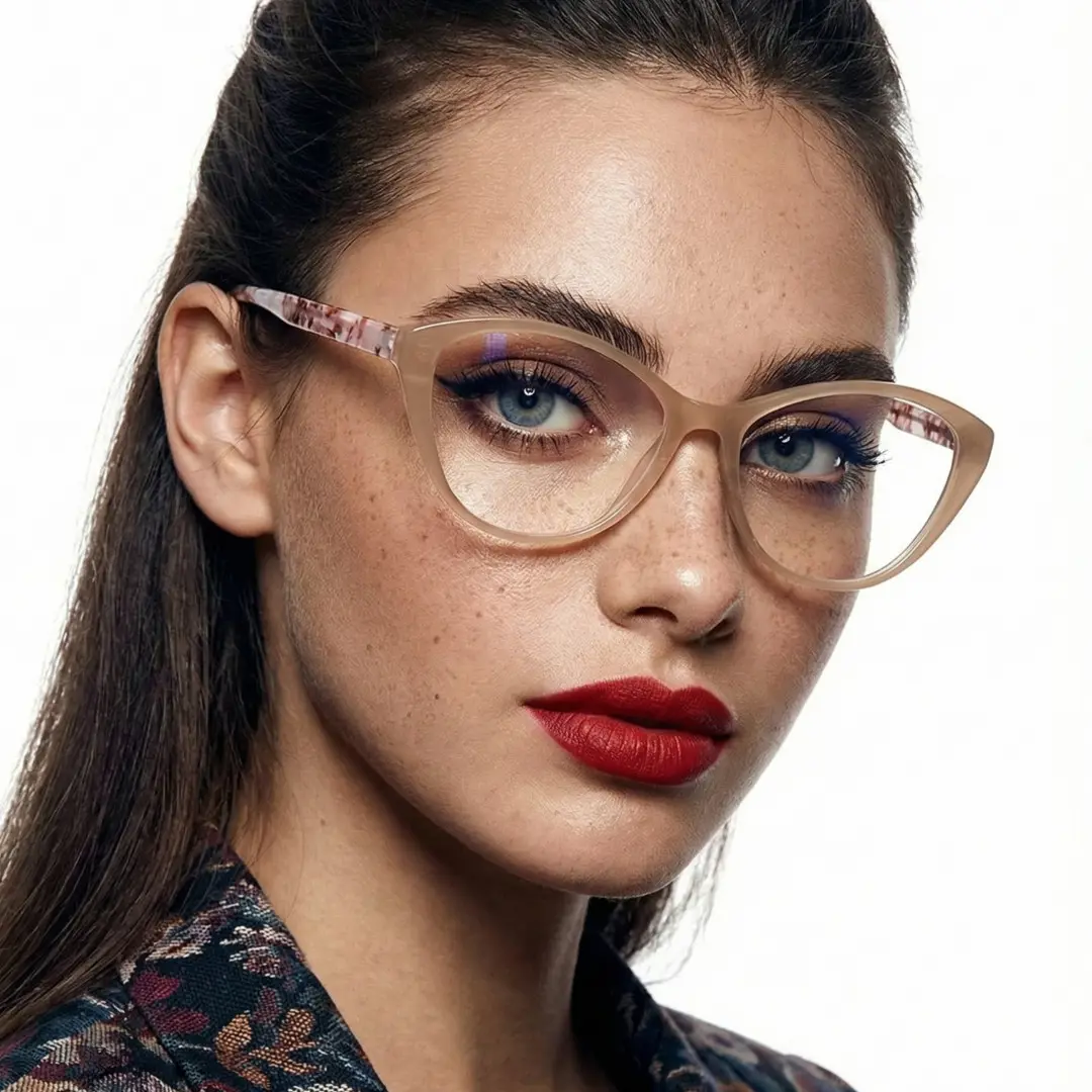 Tilted head view of female wearing beige cat eye eyeglasses, neutral expression, CP0192408