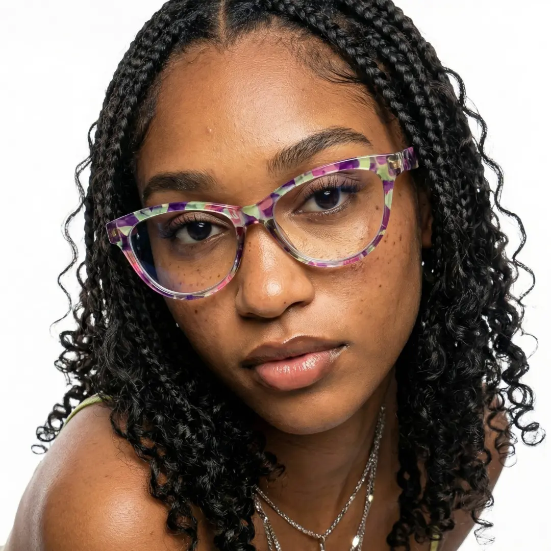 Three-quarter view of female wearing colorful pink cat eye eyeglasses, neutral expression, CP0212303
