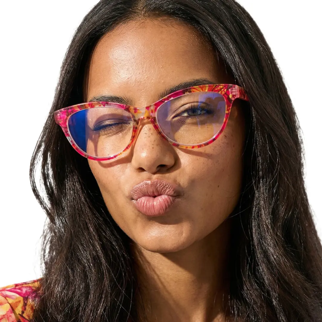 Front view of female wearing colorful red cat eye eyeglasses, winking, pouting, CP0212303