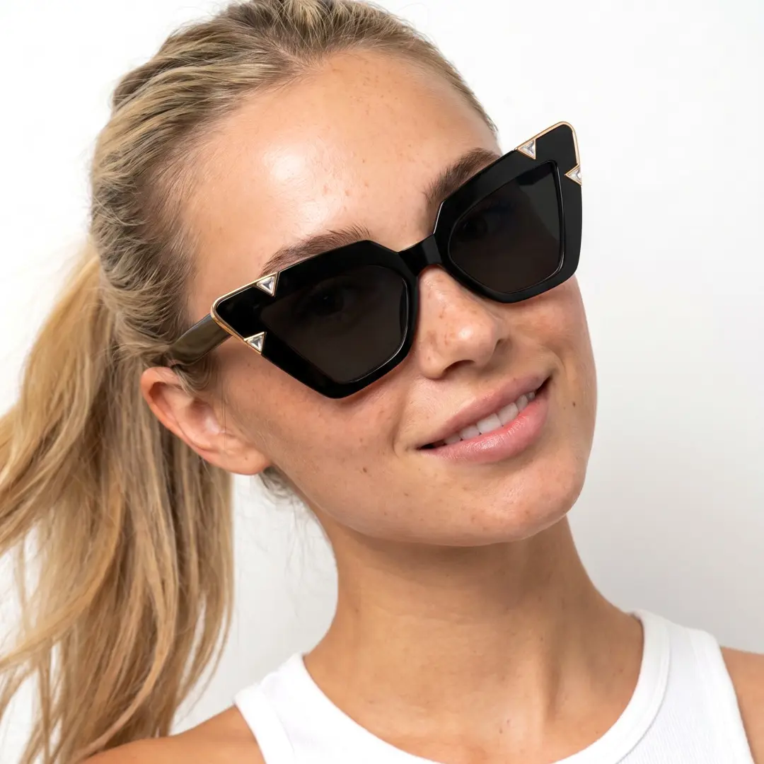 Tilted head view of female wearing black cat eye sunglasses, natural smile, CP0222604