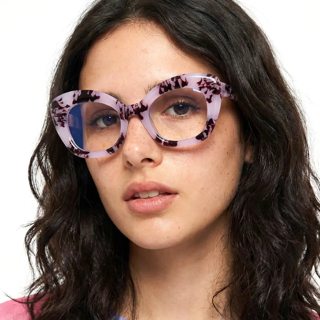 Three-quarter view of female wearing light purple cat eye eyeglasses, neutral expression, CP0302403