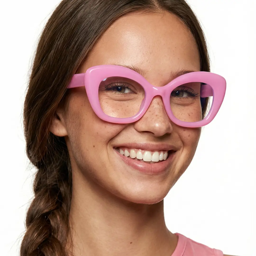 Front view of female wearing pink cat eye eyeglasses, smiling, CP0302403