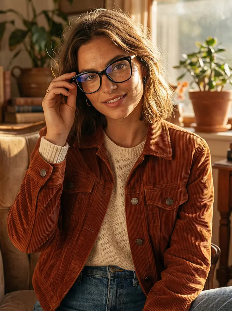 Female model wearing everyday black cat eye pc eyeglasses in a sunlit cozy home. SPU: CP0422504