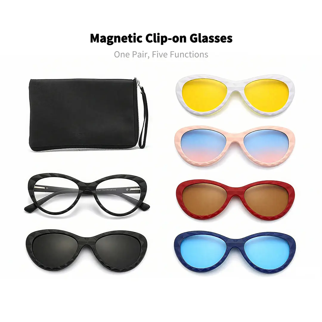 Flat lay view of Clio cat eye pc magnetic clip-on eyeglasses set with interchangeable clip-on lenses CP0422506 in black