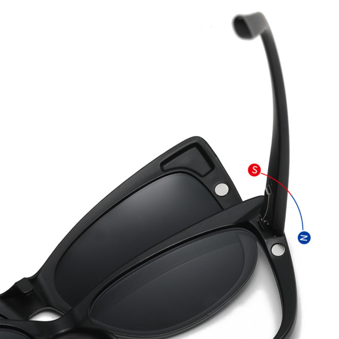 Magnetic connection detail of Clio cat eye pc magnetic clip-on eyeglasses set with interchangeable clip-on lenses CP0422506 in black