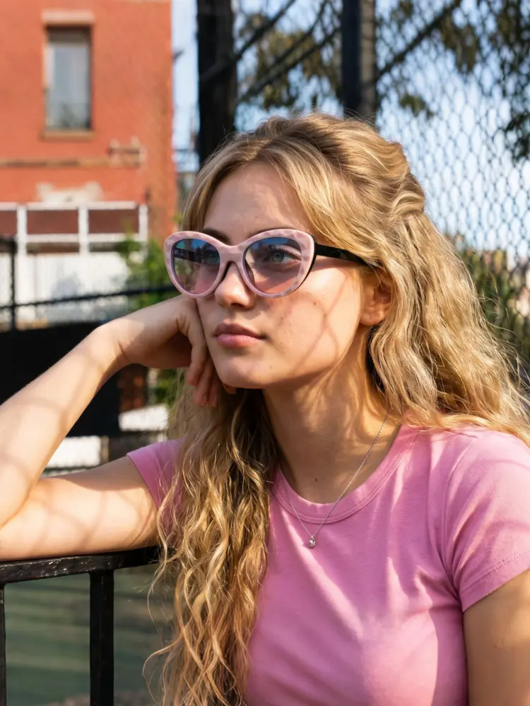 Female model wearing trendy black cat eye pc magnetic clip-on eyeglasses set with interchangeable clip-on lenses in an urban outdoor court. SPU: CP0422506.