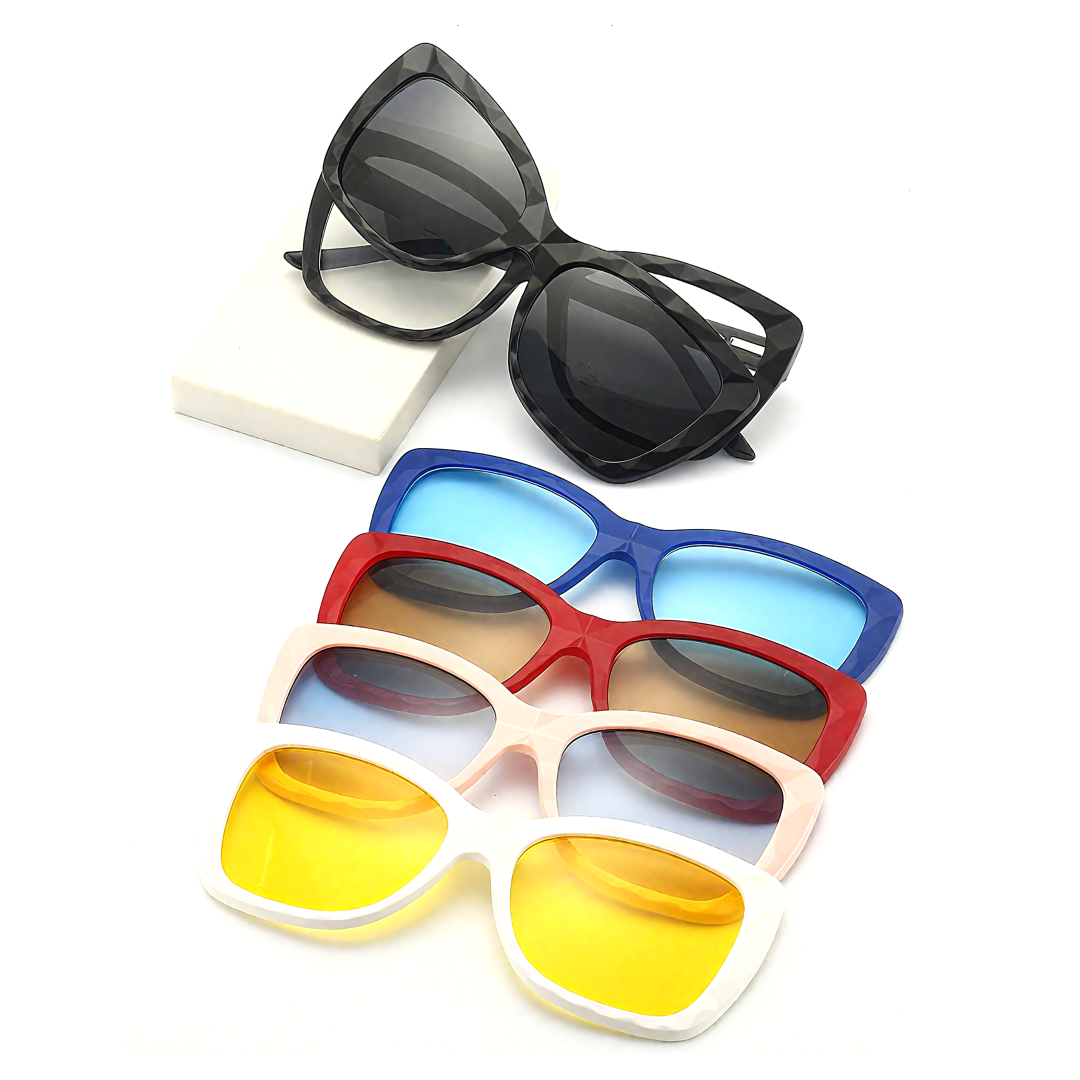 Exploded view of Kaya cat eye pc magnetic clip-on eyeglasses set with interchangeable clip-on lenses CP0432506 in black