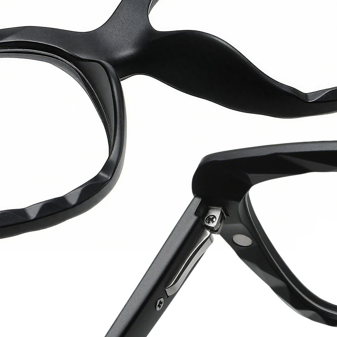 Hinge detail of Kaya cat eye pc magnetic clip-on eyeglasses set with interchangeable clip-on lenses CP0432506 in black