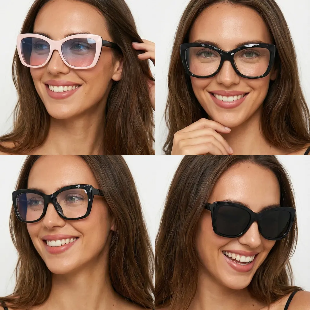 Three-quarter view of female wearing black cat eye magnetic clip-on eyeglasses set with interchangeable clip-on lenses, smiling, CP0432506