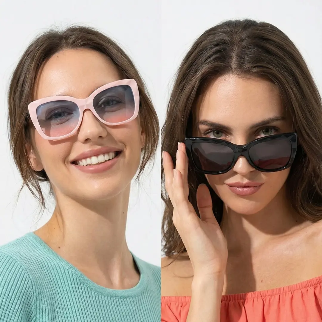Front view of two people wearing black cat eye magnetic clip-on eyeglasses set with interchangeable toppers, holding glasses, natural expression, CP0432506