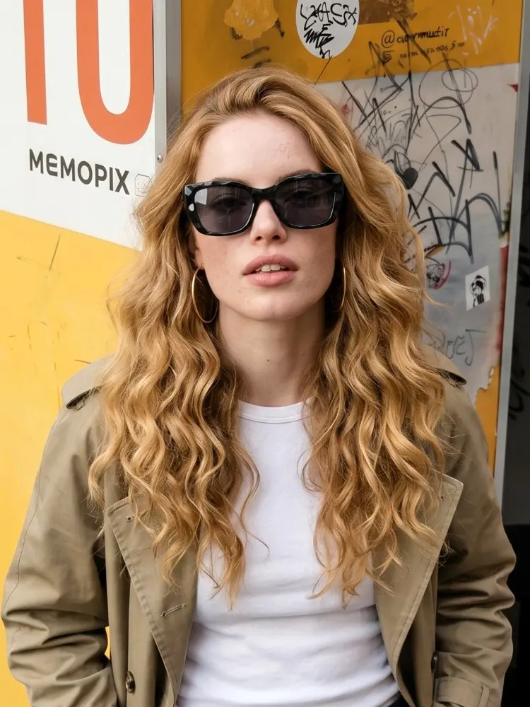Female model wearing fashion black cat eye pc magnetic clip-on eyeglasses set with interchangeable clip-on lenses on a vibrant city street. SPU: CP0432506.