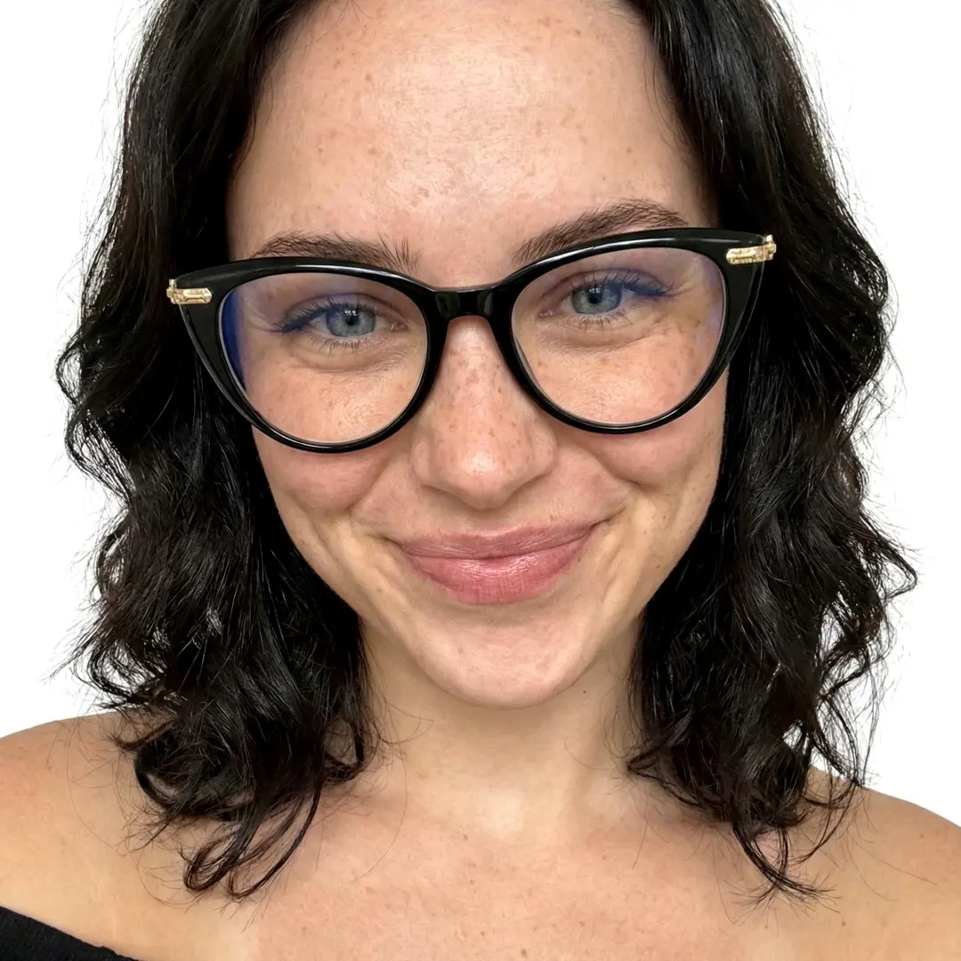 Front view of female wearing fashion black cat eye eyeglasses, natural expression, CP0442505