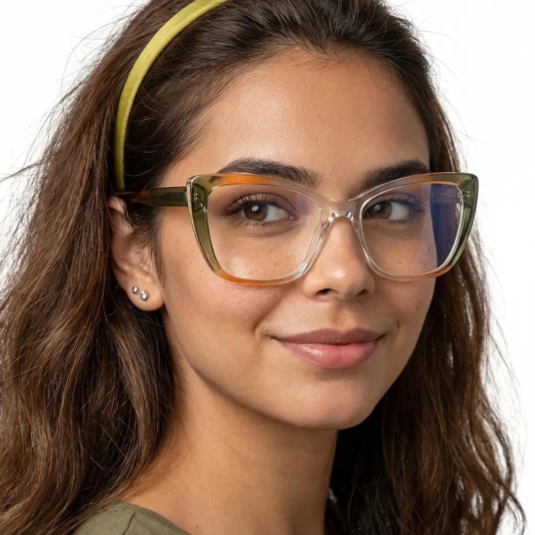 Front view of female wearing colorful army green cat eye eyeglasses, natural smile, CR0022402