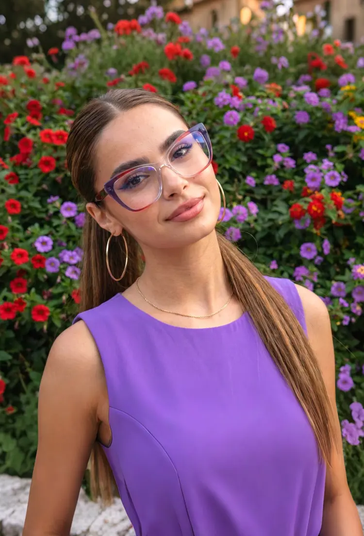 Female model wearing colorful purple cat eye tr90 eyeglasses in front of a vibrant flower garden. SPU: CR0022402