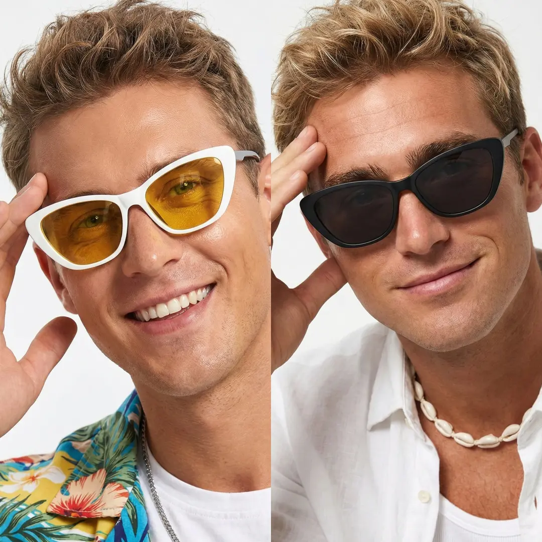 Front view of two people wearing black cat eye magnetic clip-on eyeglasses set with interchangeable clip-on lenses, lightly touching frame, smiling, CR0022512